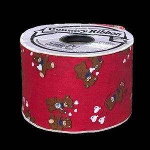Vintage Teddy Bear Heart Red Fabric Ribbon Valentines Day Whimsical Romance Twee